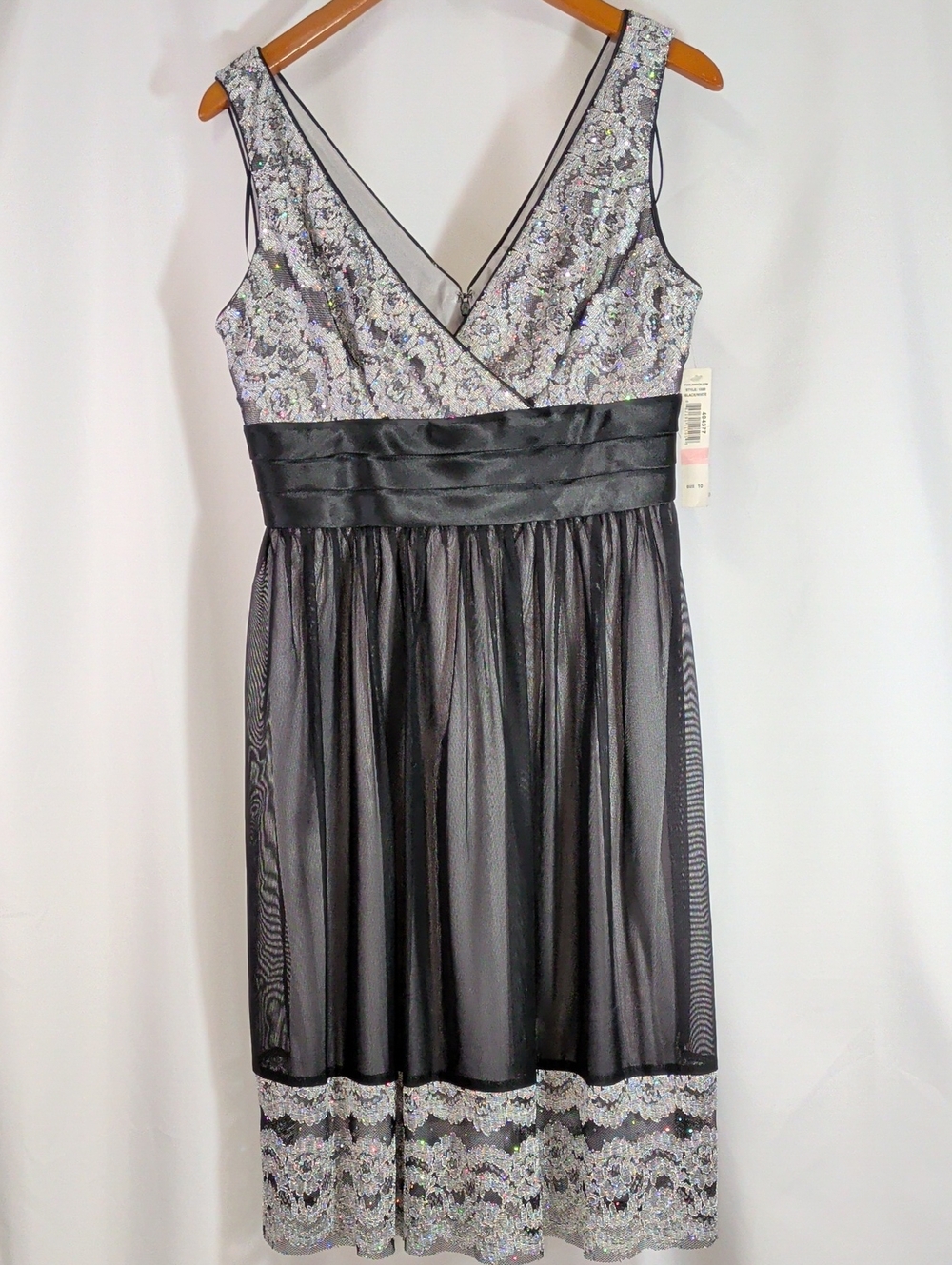 R&M Richards Black and Silver Sequin V-Neck Midi Dress